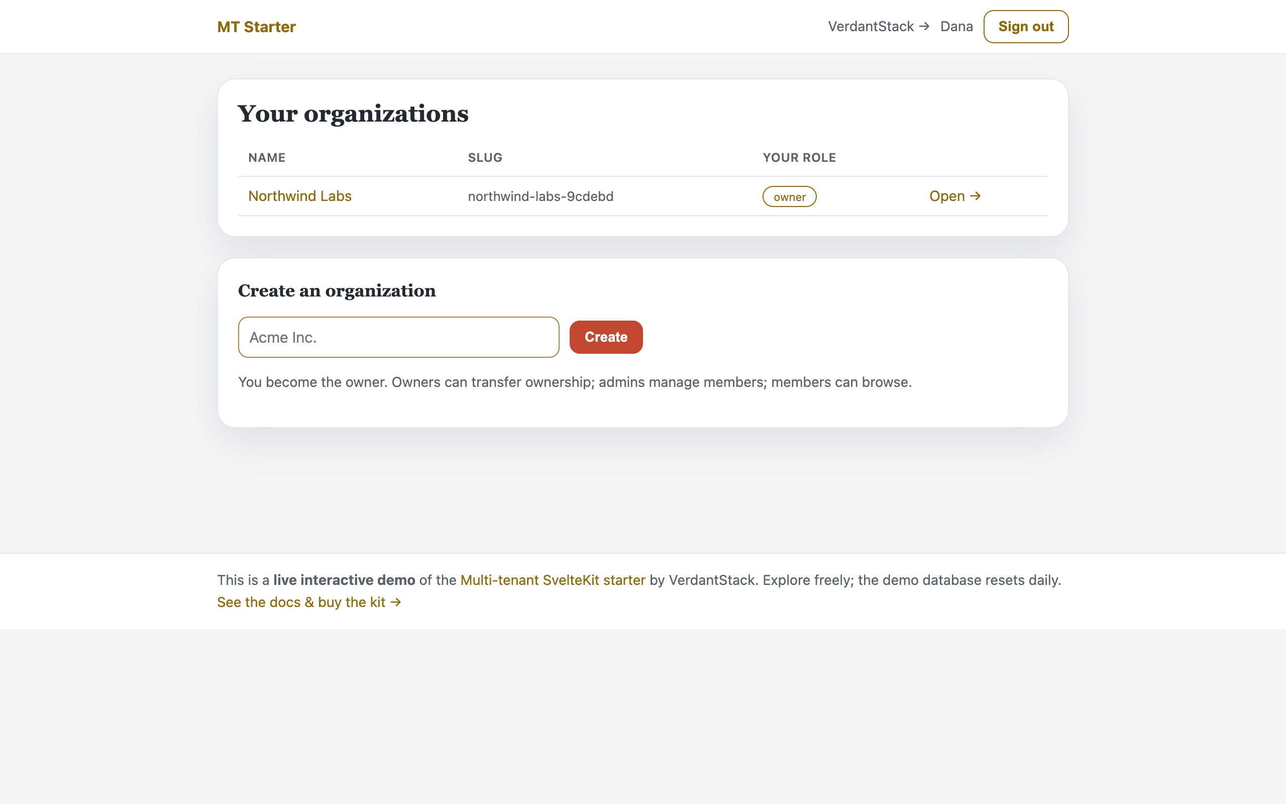 Live demo: organizations home after sign-in